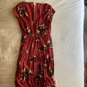 Free people rust long, tiered dress with butterfly floral pattern sz 4